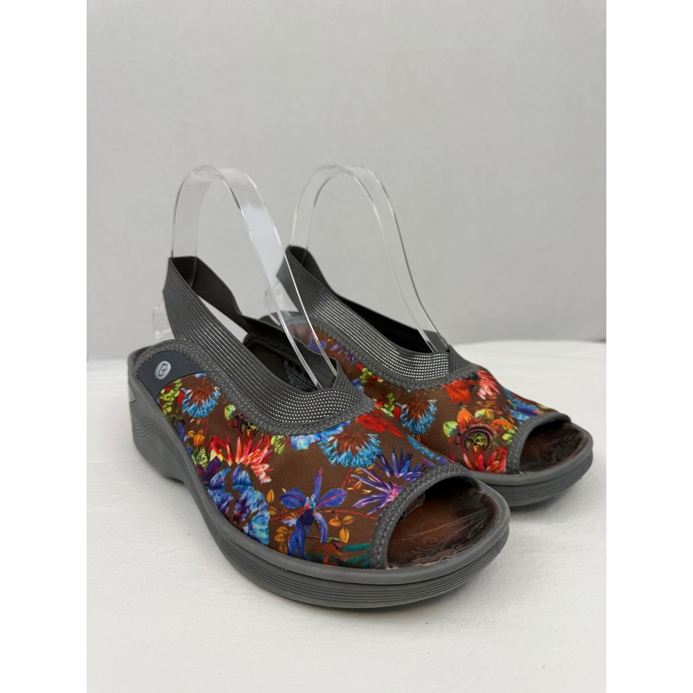 Bzees Del Rey Floral Wedge Sandals Grey Brown Multi Slingback Womens 8M Stretch